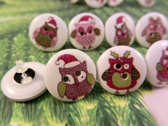 Preview: Weihnachts Eulen Knopf Ohrstecker Winter Uhu owl